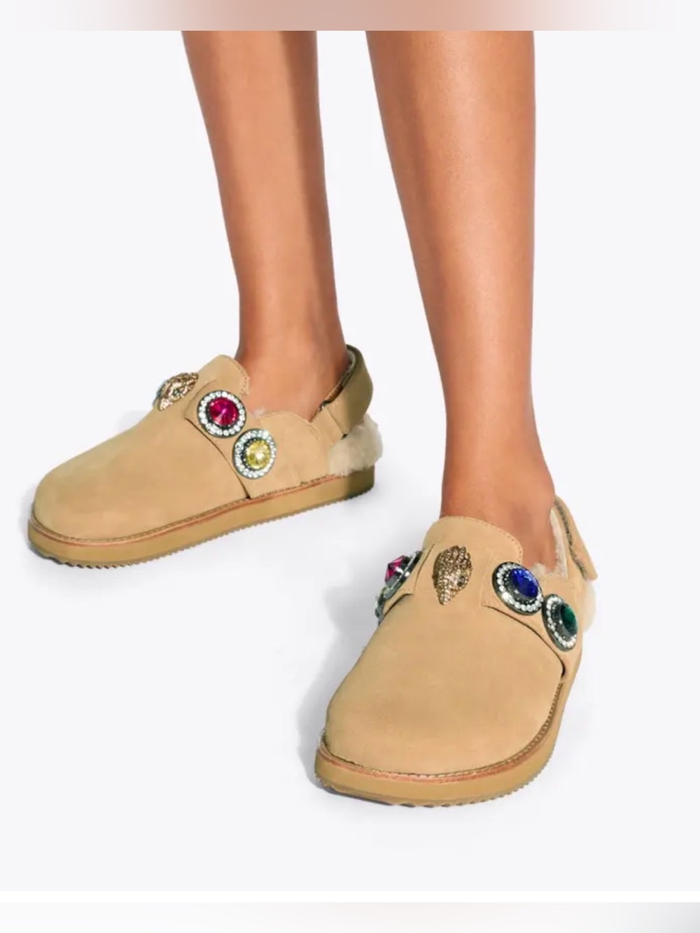 Kurt Geiger London Octavia Slingback Mule Shearling Jeweled Suede Clogs Tan 7.5